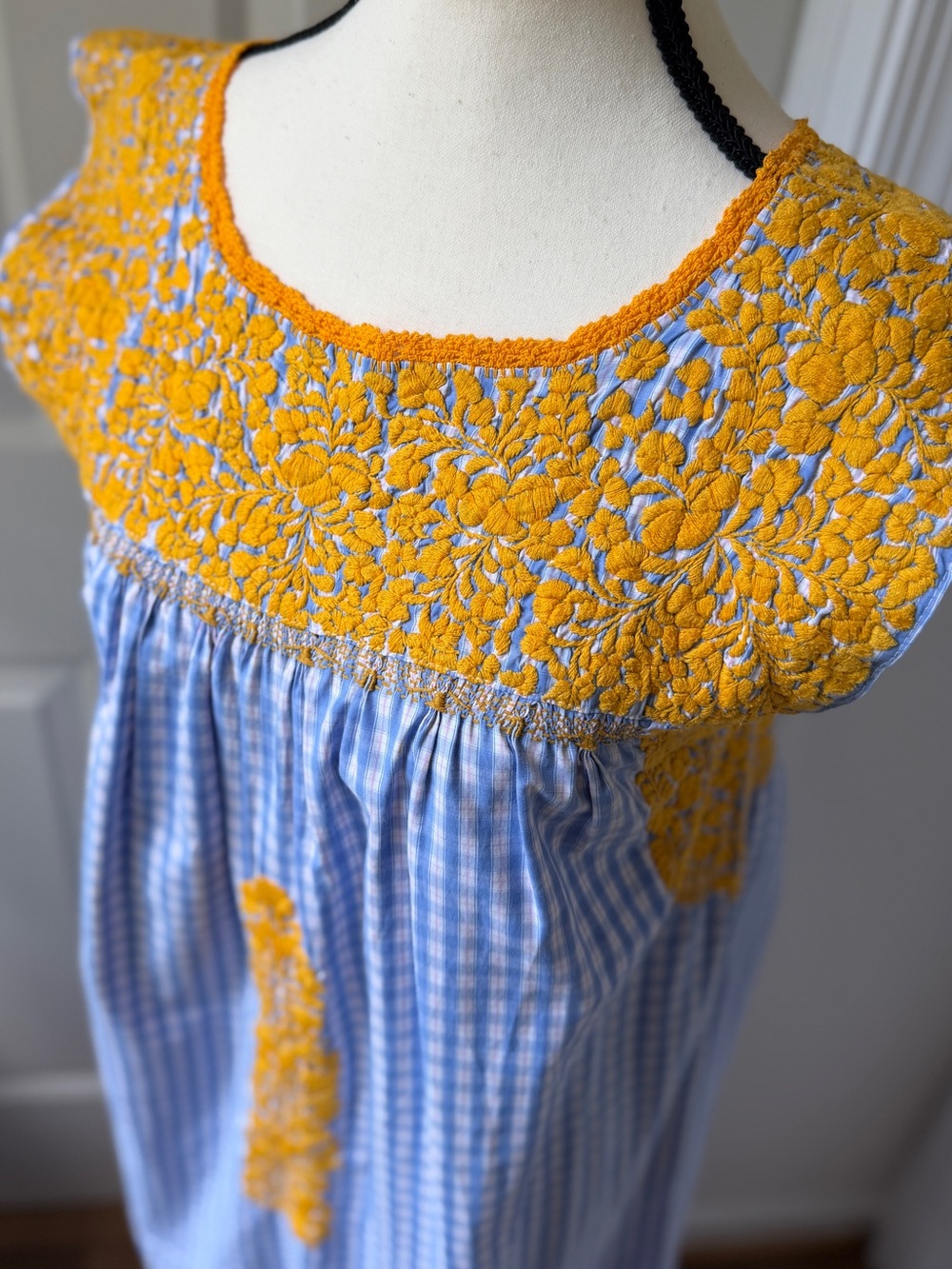 Mi Golondrina Blue and Yellow Embroidered Gingham Flores Maxi Dress - Picture 2 of 5